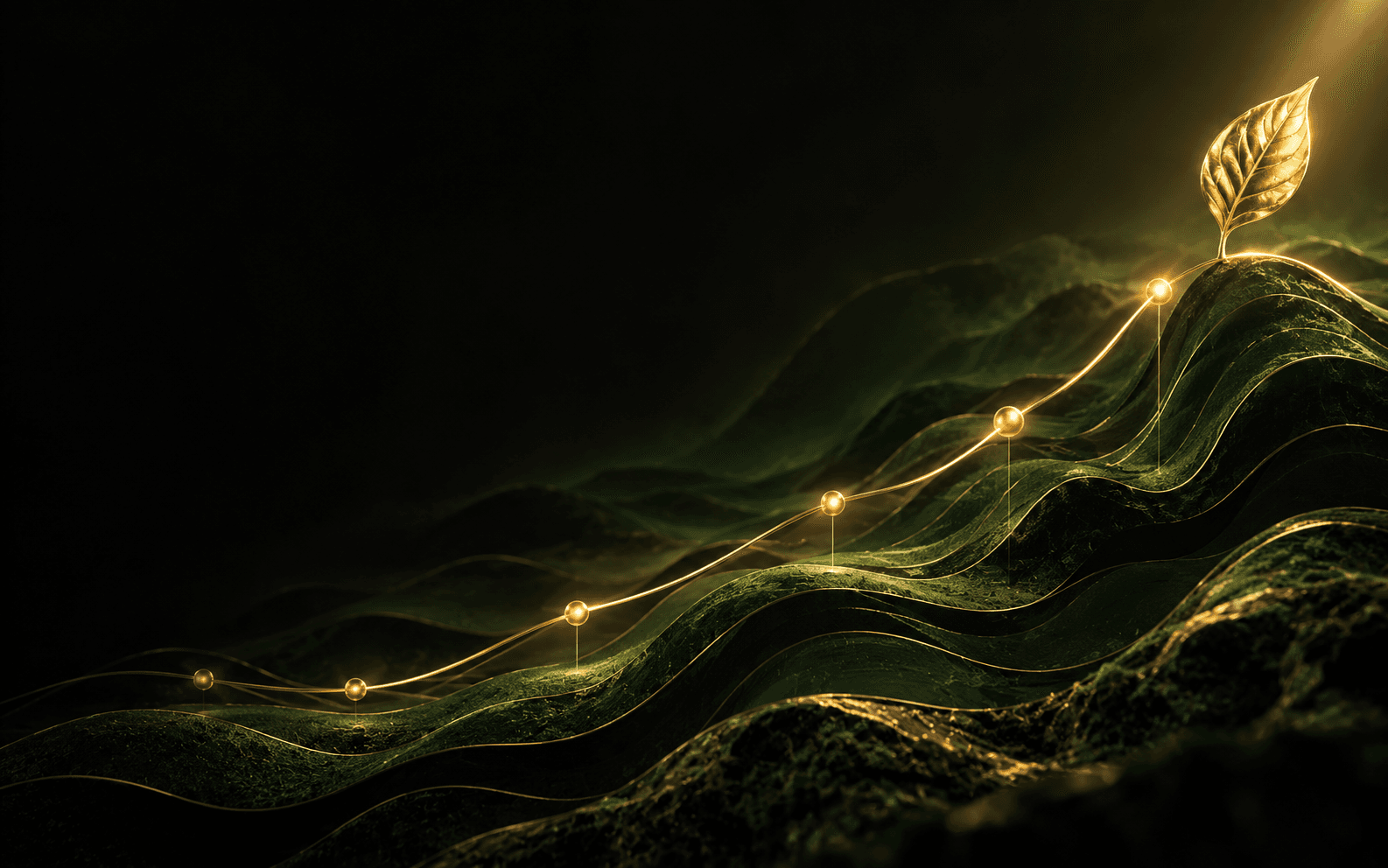 A glowing gold growth line rising across layered green contour waves, ending in a leaf.