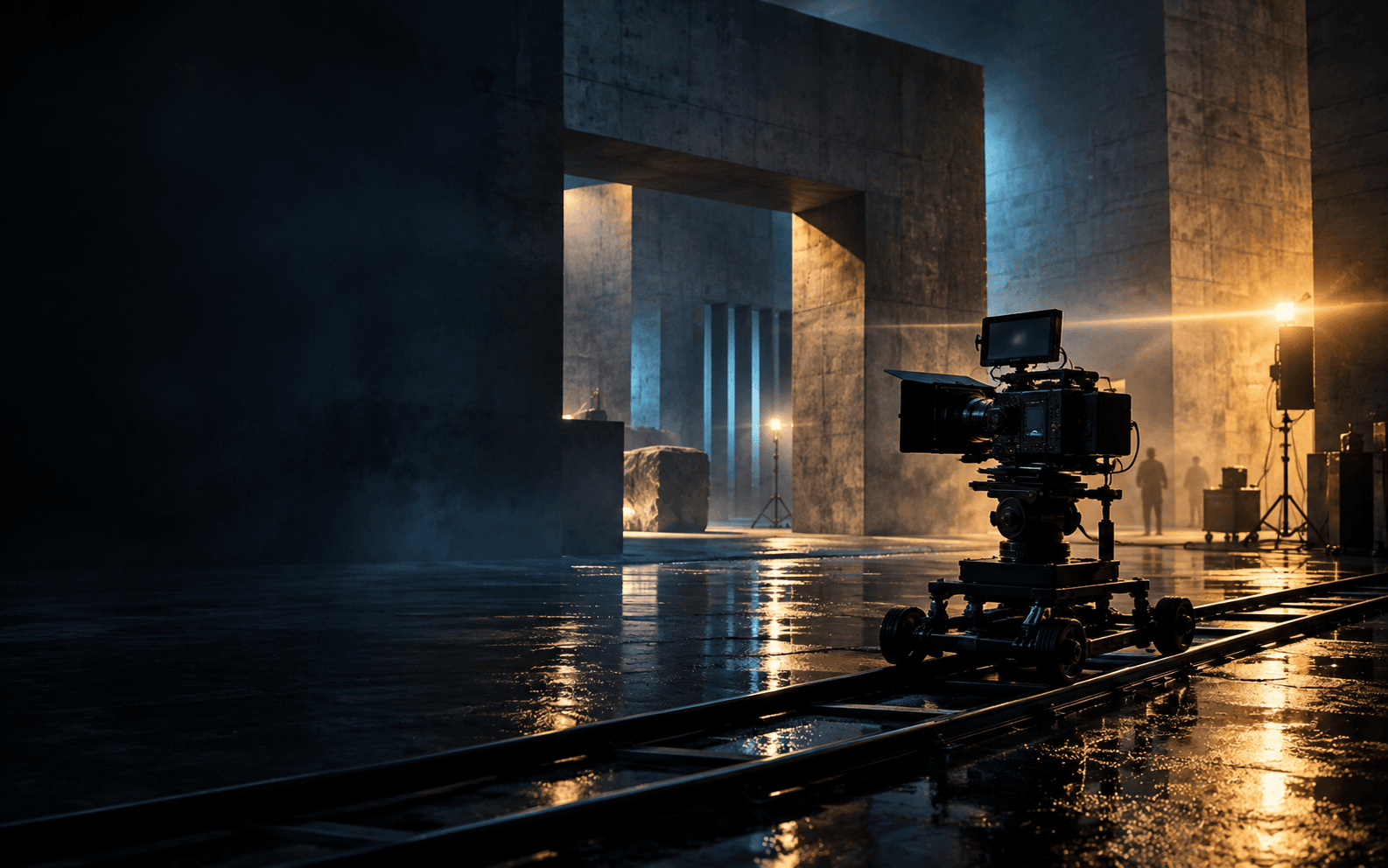 A film strip of architectural frames running into a gold camera aperture.