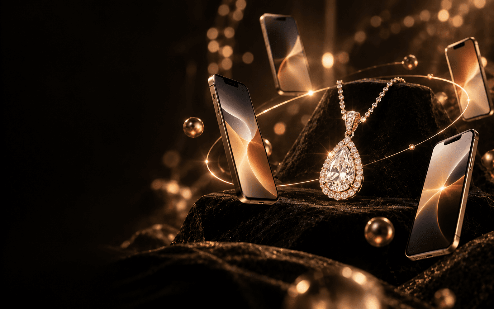 A faceted gold gem orbited by rings of creator avatars.