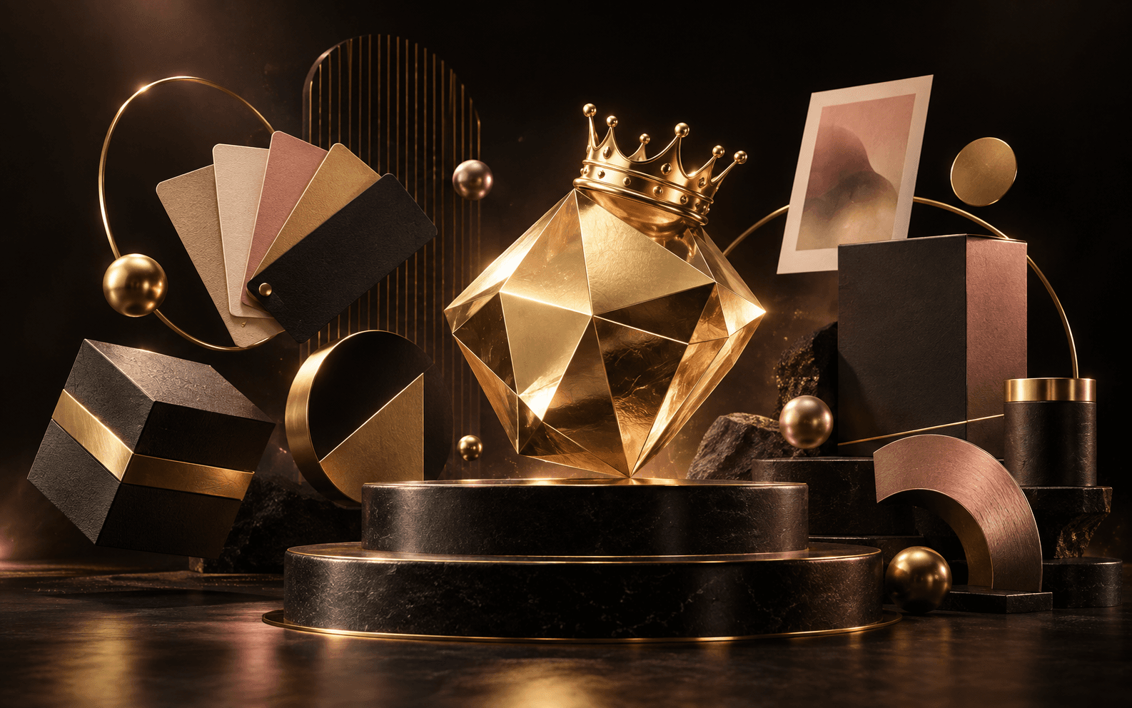 A faceted gold gemstone crowned with a small gold crown, surrounded by brand identity elements.
