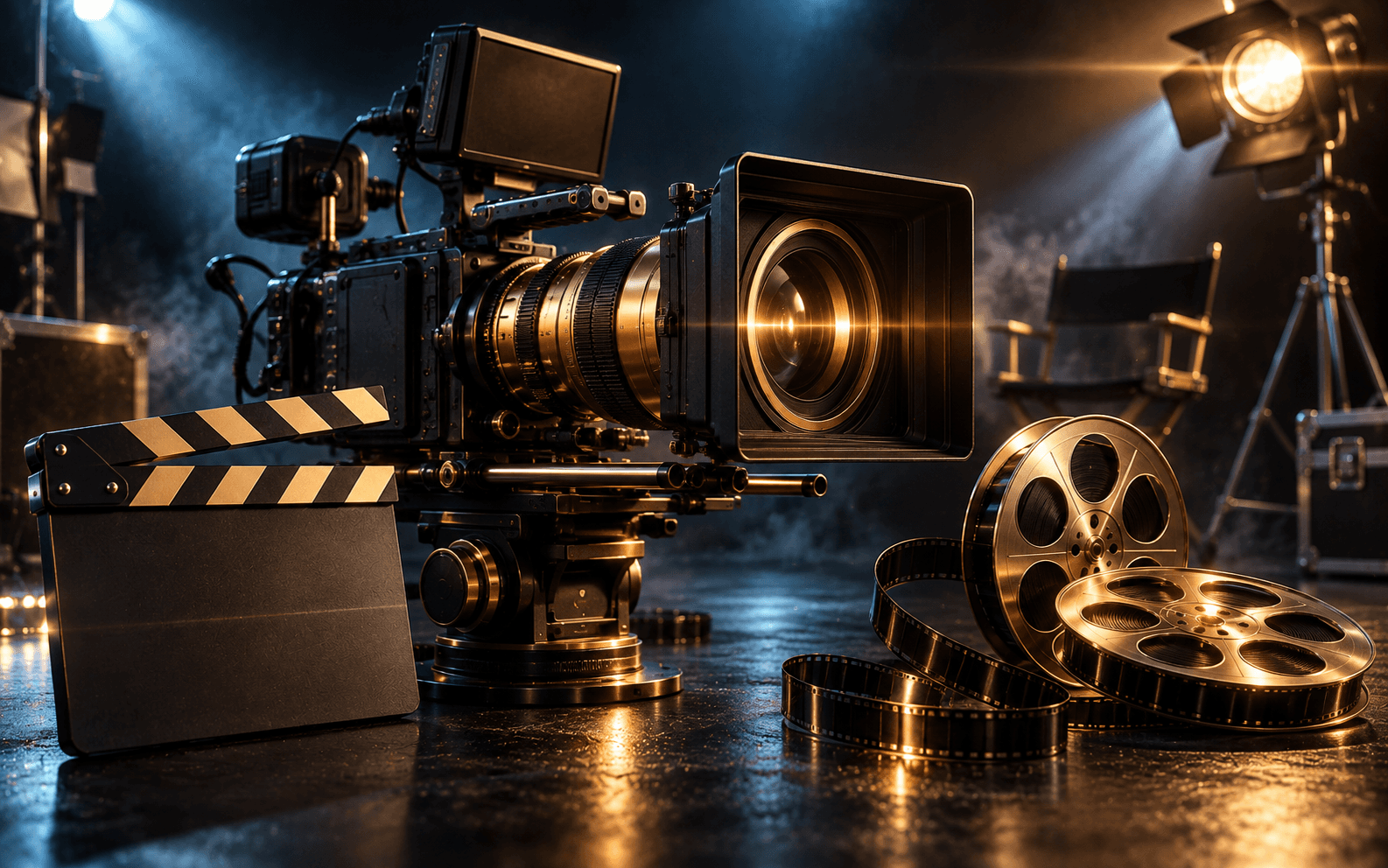 A cinema camera with a gold lens, a clapperboard and film reels on a dark studio floor.