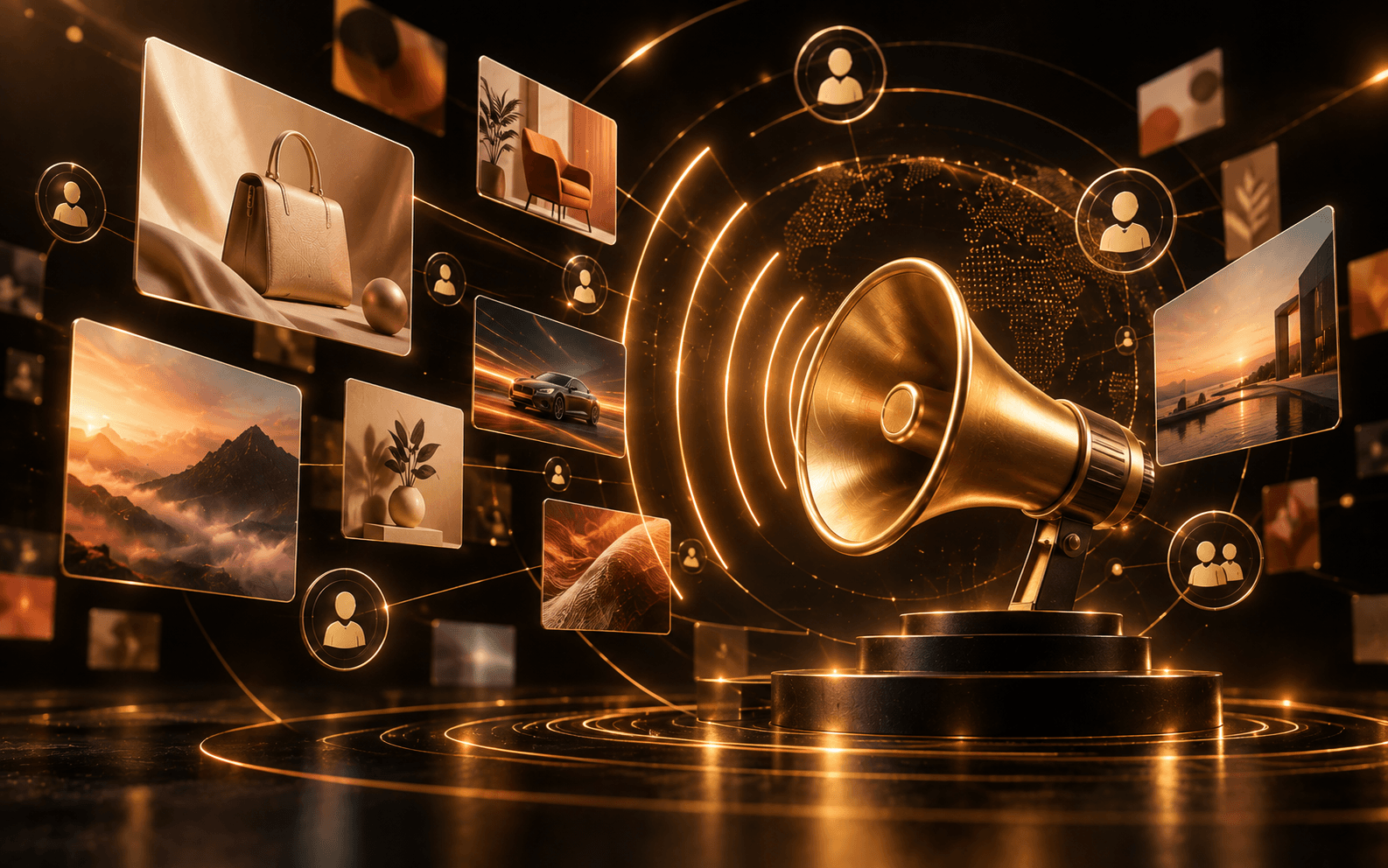 Broadcast signal waves radiating from a sculpted gold speaker, with floating ad placement cards.